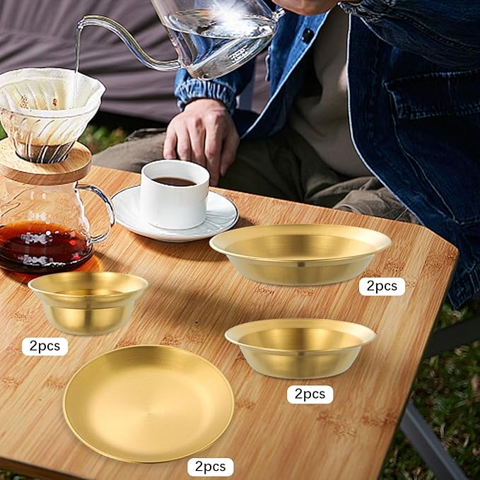 Stainless Steel Plates and Bowls Outdoor Tableware Insulated Metal Bowls Camping Utensils Dinnerware Set for Picnic BBQ Beach- 8pcs Gold