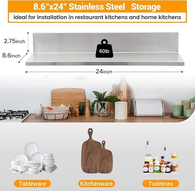 Stainless Steel Wall Shelf 8.6x24 60LB 2 Packs L-Shaped Commercial Wall Mount Floating Shelving for Kitchen Restaurant Home