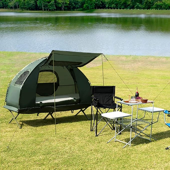 Double Tent Bed Portable Camping Tent with Air Mattress and Pillow Folding Camping Cot of Metal Frame Double Sleep Bag with Polyester Canopy for Outdoor Family Camping Picnic - Military Green