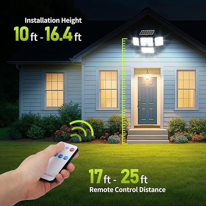 4PC 3000LM Solar Flood Lights Outdoor with Upgrade Solar Panel 4 Head Motion Sensor Lights Flood Light with Extension Cord