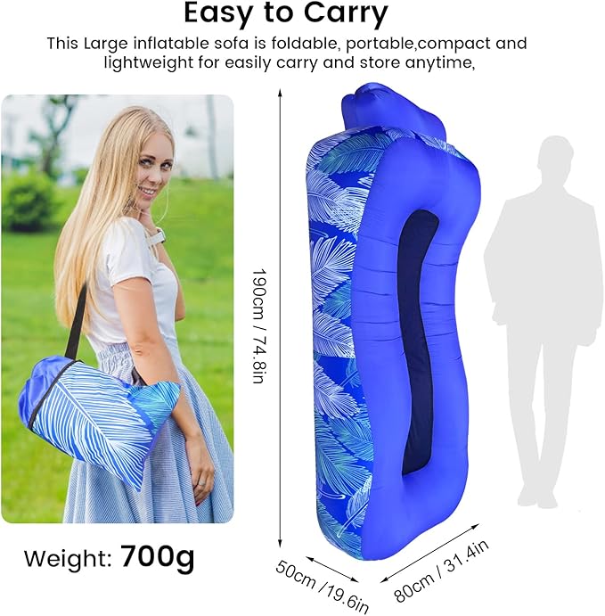 ele ELEOPTION Outdoor Inflatable Camping Couch Waterproof Portable Blow Up Air Sofa Chair Lounger for Backyard Beach Traveling Camping with Compression Sacks (Blue Feather)