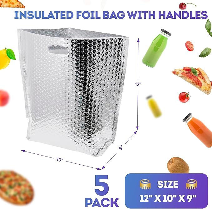 APQ Insulated Foil Bag With Handles 12 x 10 x 9 Inches. 5 Pack Thermal Bags for Frozen Food. Metallized Foil Box Liners With Bubble Cushion. Shipping Bags for Food Cosmetics