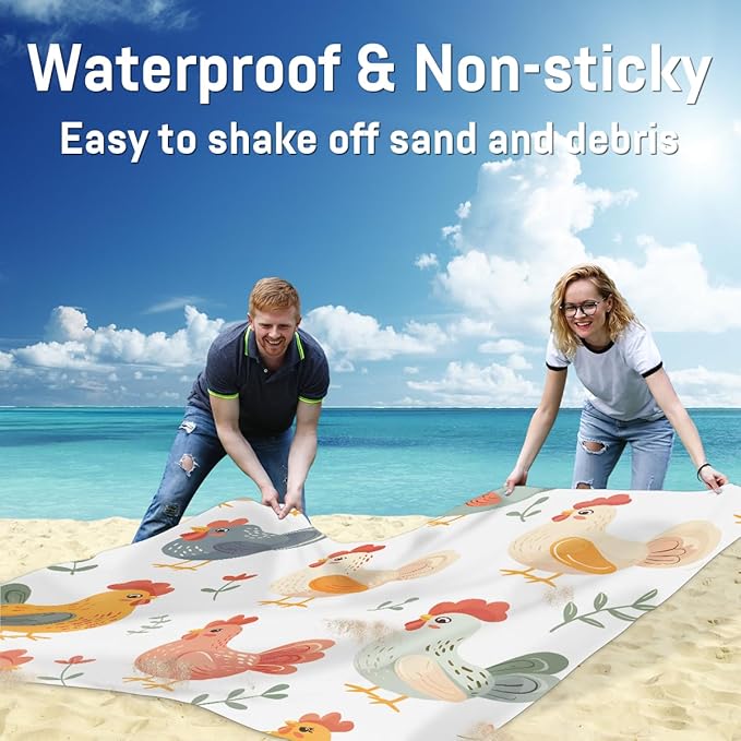 Waterproof Sandproof Beach Blanket 59''×68'' Chicken Baby Polyester Outdoor Picnic Blanket with 4 Stakes &amp Storage Bag for BeachCampingVacation Multi-Color