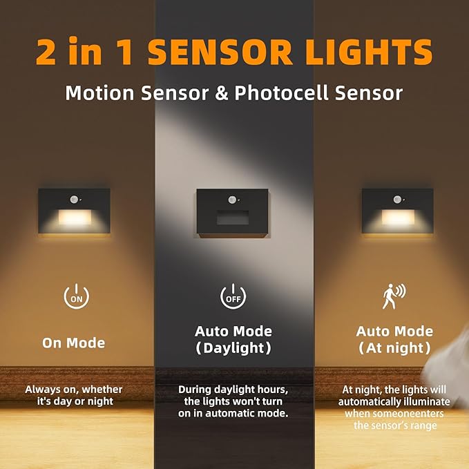 Motion Sensor Stair Lights Indoor Outdoor 5CCT Dimmable LED Step Lamp with Switch 4W 300LM 2700K-6500K IP66 Waterproof Hardwired 120V Stairway Staircase Walkway Lighting- Black 12 Pack ETL
