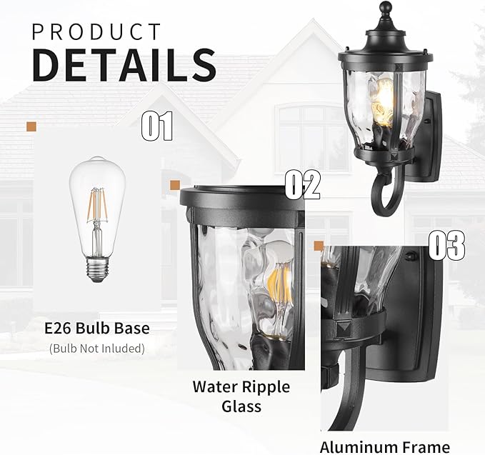 JYZ 15 Outdoor Wall Light Lantern Anti-Rust Exterior Wall Sconce with Hammered Water Ripple Glass Waterproof Matte Black Outside Lighting Fixture for Front Door Porch Garage
