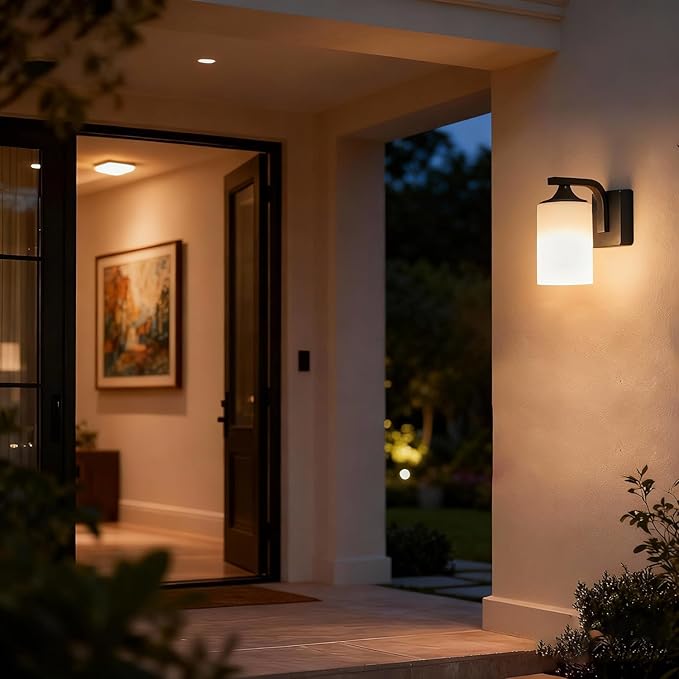 Outdoor Wall Lamp Waterproof and Anti-Rust Aluminium Modern Wall Light Fixture Milk Glass Indoor for OutsideGarden Matt Black