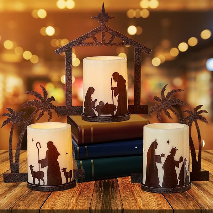 Holiday Nativity Candleholders Christmas Season - A Set Of 3 Flameless Christmas Nativity Scene Candles Holiday Home Decor Accents
