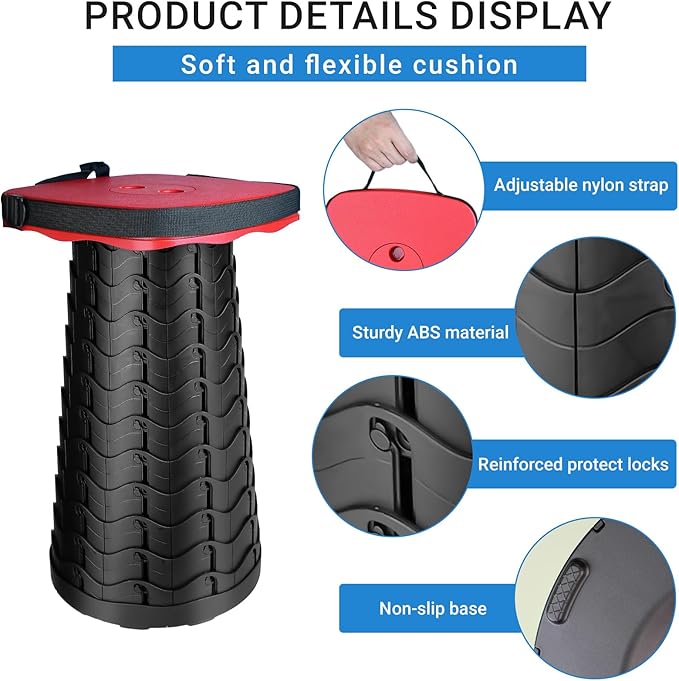 Upgraded Square Folding Stool Max Load Capacity 485lbs Portable Collapsible Seat Telescoping Foldable Stool for CampingFishingHikingTravel Red