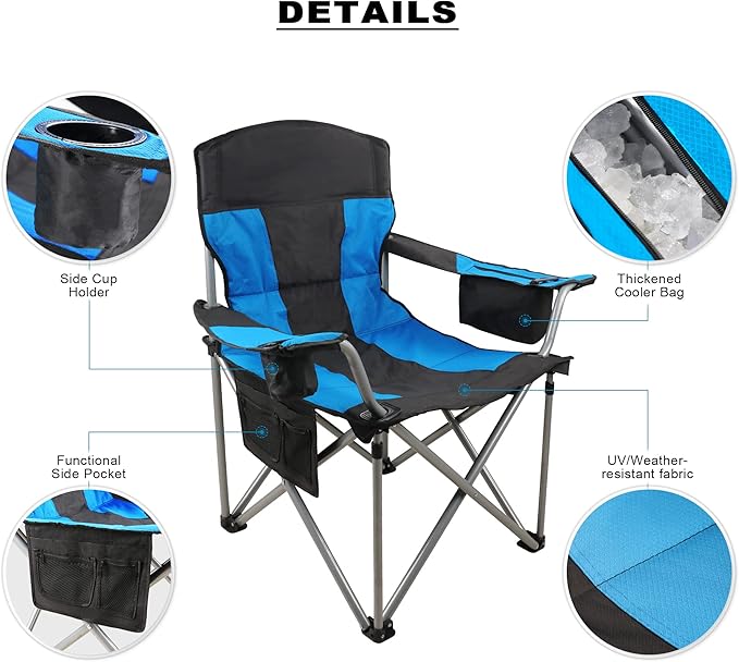 Oversized Camping Chairs for Adults Heavy Duty 500lbs Heavy Duty Beach Chairs for Adults Folding Chair with Cooler Bag &amp Cup Holder Side Pocket Blue &amp Black