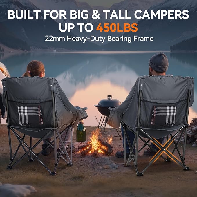 2 Pack Camping Chairs Oversized Padded Camping Chair Heavy-Duty Foldable Camping Chairs with Cup Holder and Cooler Bag Portable Lawn Chair for Sports Outdoors-Support 450LBS Grey
