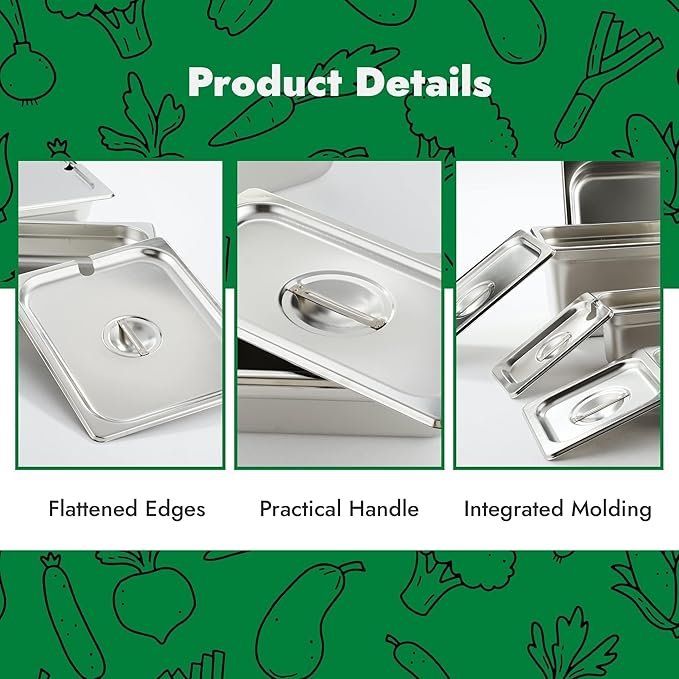 HECMAC 6-Pack Full Size Hotel Pan Cover Stainless Steel Solid Steam Table Catering Food Pan Lid with Handle 23 Gauge