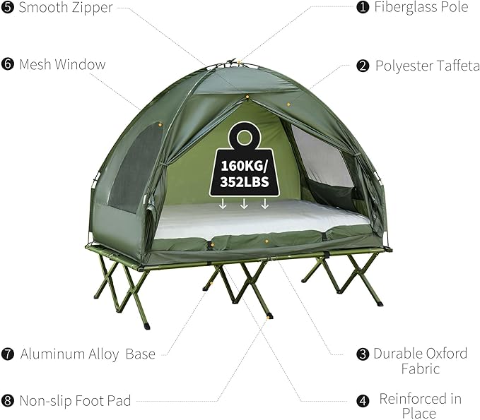 2 Person Camping Cot with Tent &amp Air Mattress 4-in-1 Portable Foldable Elevated Bed for Adults Outdoor Hiking Backpacking Includes Pump &amp Bedspread 76 x 57 Dark Green (76x57)