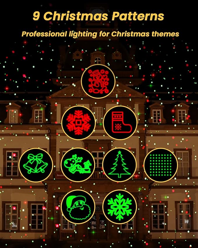 Christmas Projector Lights Outdoor 9 High-Definition Patterns Laser Light Projector with Remote and Timer Party Lights for Indoor Outdoor Garden Holiday Decoration Halloween New Year