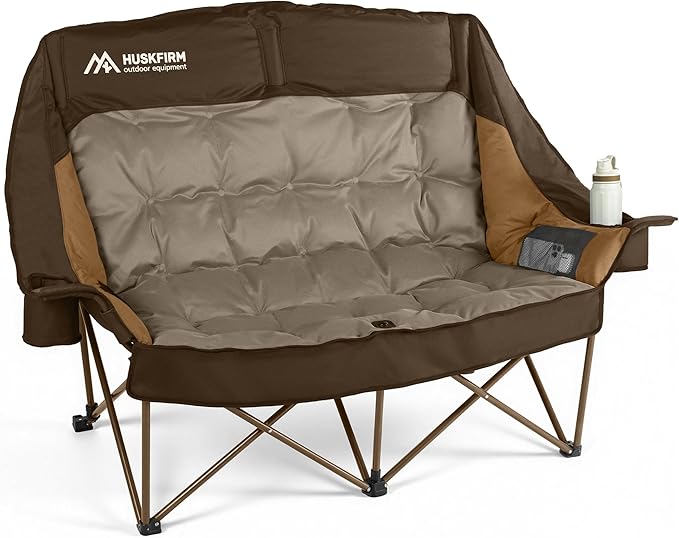 High Back Double Camping Chair 2 Person Camping Chair Low Seat Loveseat Camping Chair Fully Padded Oversized Camping Couch for Adults - Supports 650 LBS with Cup Holders Carry Bag - Brown