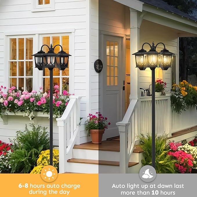 73 Aluminum Solar Lamp Post Light 3-Head Solar Light Posts for Outside Waterproof 90Lm Outdoor Lamps for Patio Backyard Front Porch Decor Warm White Replaceable Bulb