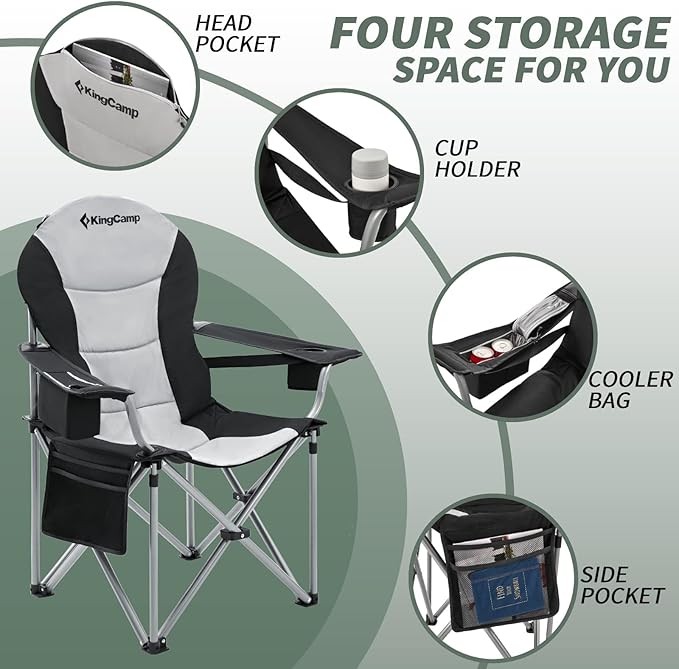 KingCamp Oversized Camping Folding Chair with Lumbar Support Heavy Duty Ergonomic Padded Arm Chair with Cooler Bag Cup Holder Portable for Outdoor