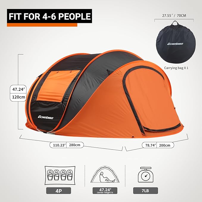 EchoSmile Instant Pop Up Camping Tent 2/4/6 Person Easy Setup Tent Water Resistant Dome Portable with Carry Bag