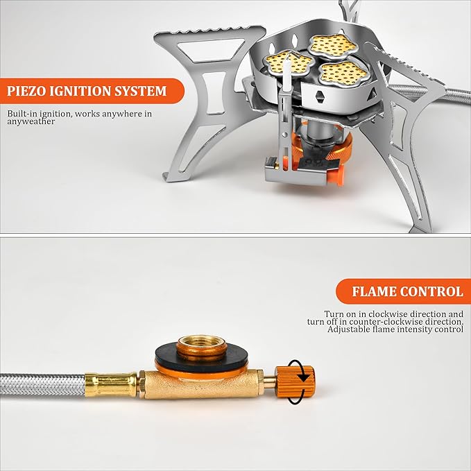 6800W Camping Backpacking Stove Outdoor Portable Burner Cooking Stove with Fuel Canister Adapter Piezo Ignition Carry Case Foldable Windproof Camping Gas Stove for Picnic Hiking