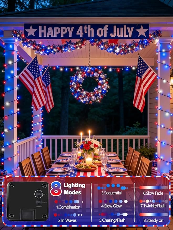 EEW 2 Pack 200 LED Red White and Blue Solar String Lights Outdoor Waterproof Solar Powered LED Patriotic Lights Solar Tree Lights for Independence Day Decor 4th of July Memorial Day Decorations