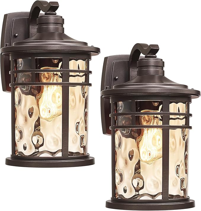 Darkaway Outdoor Wall Light Fixture14.57inch Large Outside Porch Lights Wall Mounted Amber Ripple Glass Modern Exterior Waterproof Wall Sconce Lighting for House Front Door Garage