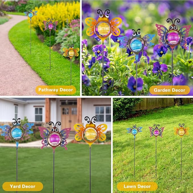 Decorative Solar Lights Outdoor Solar Bee Lights 3 PcsGarden Decorative Stake Lights for Pathway Yard Lawn Decoration Mothers Day Mom Gifts