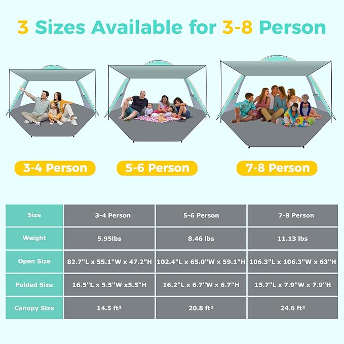 Gorich Beach Tent with Canopy - Easy Setup 3-4/5-6/7-8 Person Portable Sun Shelter UPF 50+ UV Protection Sun Shade Lightweight &amp Compact Beach Cabana for Family Travel