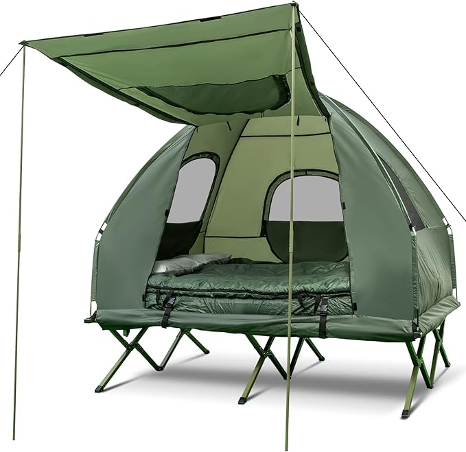 DORTALA 2-Person Tent Cot Foldable Elevated Camping Tent w/Air Mattress &amp Sleeping Bag Portable Dome Camping Tent Cot for Hiking Camping &amp Picnic