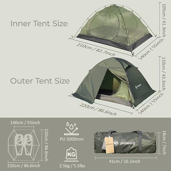 1/2 Person Backpacking Tent for 4 Season Winter Ultralight Extreme Cold Weather Tents for Camping Easy Setup Waterproof Double Layer Tent for Family Outdoor Hiking Mountaineering