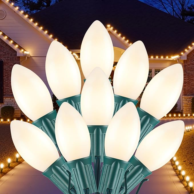 Brightown C9 LED Christmas Lights Outdoor 50 FT 50 Warm White Connectable C9 String Lights for Christmas Tree Patio Roofline Garden Backyard Holiday Party Indoor Outdoor Decoration Green Wire