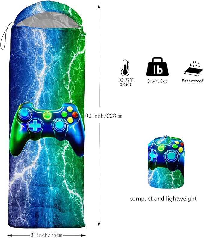 Axolotl Blue Gamepad Sleeping BagWaterproof Lightweight Gaming Sleeping Bag Game Console Camping Bag for Boys TeensWarm and Cool Weather Green Portable Sleeping Bag for Camping Outdoor Indoor
