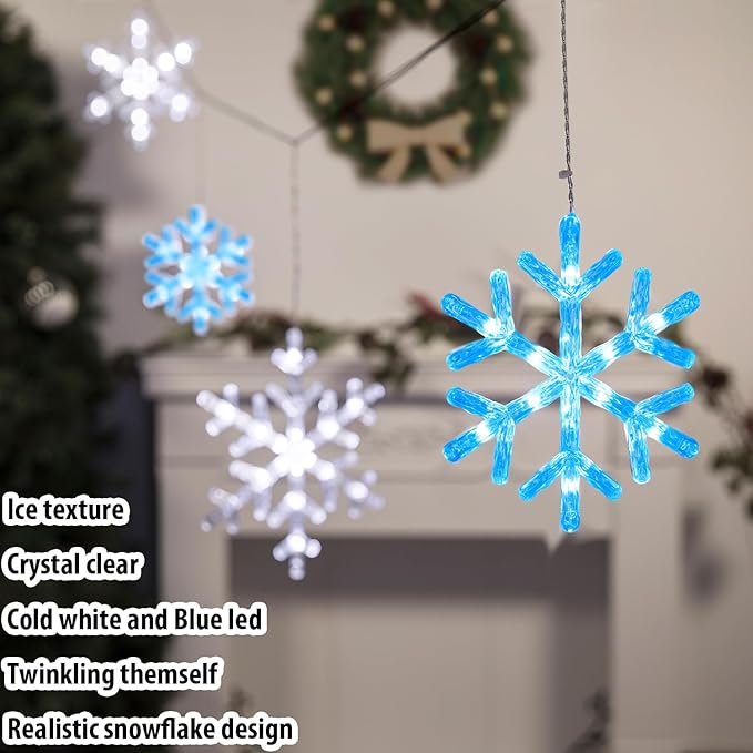 Christmas Snowflake Icicle Lights-9ft 150LED Twinkling Christmas Lights with Timer Waterproof Connectable Hanging 10 Drop for Eave Window Porch Xmas Indoor Outdoor Decoration (Blue and White)