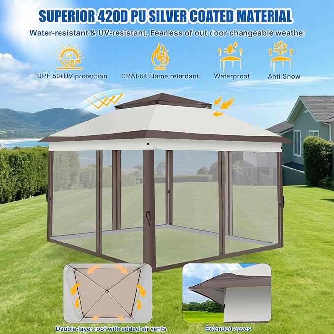 Yesker 10x10 Pop Up Canopy Tent w Mesh Netting Sidewall Vented Top - Heavy Duty Outdoor Canopy Easy Setup Shelter Gazebo Waterproof 10x10 Popup Tnets for Patio Backyard Parties &amp Events Khaki Br