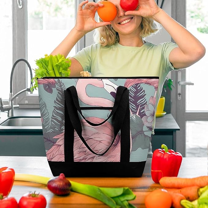 Insulated Shopping BagLarge Reusable Cooler Bags Flamingo2 Printed Foldable Shopping BagTravel Waterproof Shoulder Bag