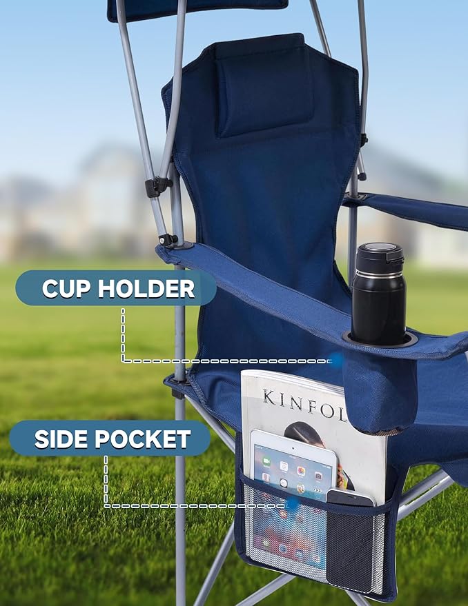 East Oak Camping Chair with Canopy | 25'' High Back Folding Beach Chair with Canopy Shade Removable Headrest Cup Holder Side Pocket 330 lbs Heavy Duty for Sports Events Fishing
