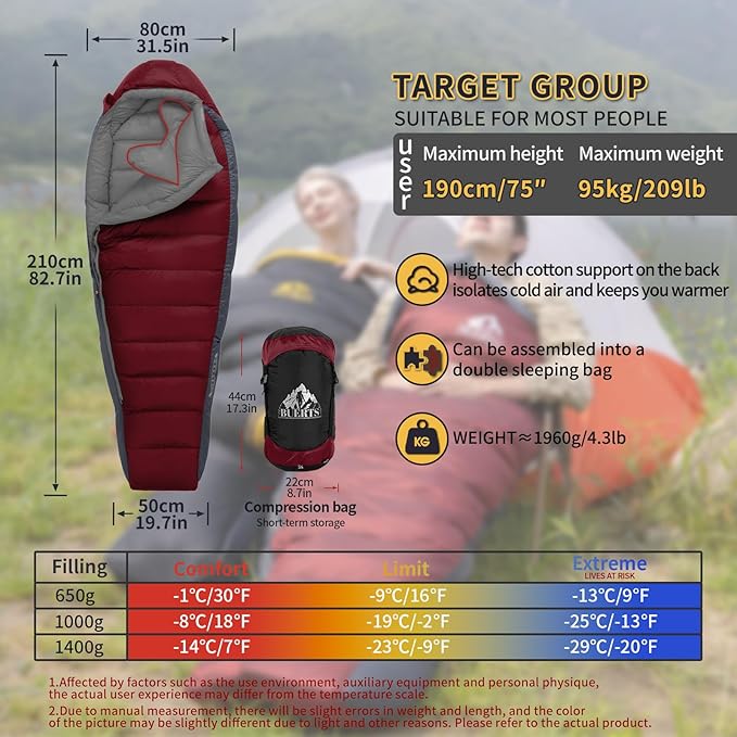 Down Sleeping Bag for Adults Cold Weather Ultralight &amp Compact 680FP Backpacking Sleeping Bag for Camping Hiking Mountaineering