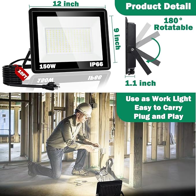 150W LED Flood Light18000LM Floodlight with PlugIP66 Waterproof Outdoor Lights 5000K Daylight White Security LightsOutdoor Floodlights for Yard Stadium Garden（2 Pack）