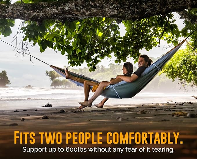 X-Large 2 Person Camping Hammock with Mosquito Net - Compact Double Hammock with Bug Net Pocket Tree Straps &amp Heavy Duty Carabiners - Parachute Grade Nylon Can Hold Over 600lbs of Weight