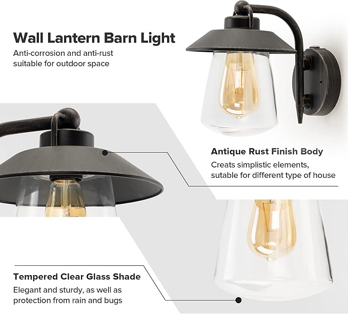 LUTEC Outdoor Dusk to Dawn Wall Lantern Farmhouse Barn Wall Light Fixture Antique Rust Finish Wall Mount Light Waterproof Porch Light with Clear Glass for Exterior Patio(Bulb Included)