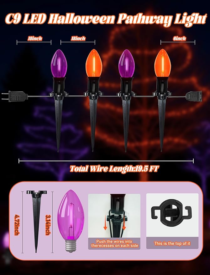 Halloween Pathway Lights 10 Pack C9 LED Stake Lights with Purple &amp Orange Bulbs 19.5ft Extendable Outdoor Walkway Lights for Garden Yard Driveway Porch &amp Sidewalk Halloween Decorations
