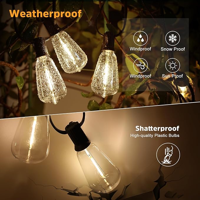 VUAA 150FT Solar Outdoor String Lights Waterproof Solar Powered Patio Lights with 52 Shatterproof ST38 Edison Bulbs &amp Remote ControlLED Dimmable Solar String Lights for Outside