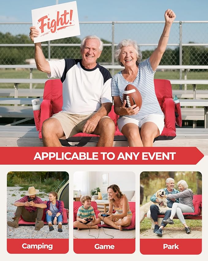 Sportneer Stadium Seats with Back Support: 2.5'' Thick Comfy Cushion 6 Adjustable Angle Bleacher Seat with Armrest - 2 Large Pockets 2 Cup Holders Stadium Chair for Sport Events Concerts Parks