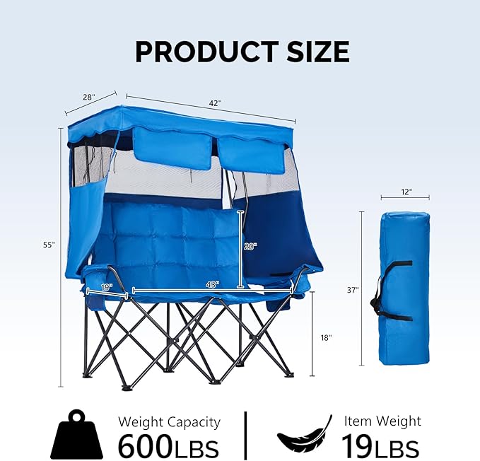 VINGLI Oversize Double Camping Chair with CanopyBeach Chair with Canopy Shade Portable Camping Loveseat with 2 Storage Bags for Outdoor Soccer Sport Events Beach or Camping