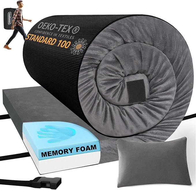 Sleeping Pad3-inch Thick Memory Foam Camping MattressPortable Roll-Up Mat for Car/Tent/Floor/Cot/TravelComfortable Pad for Guests Sleepover