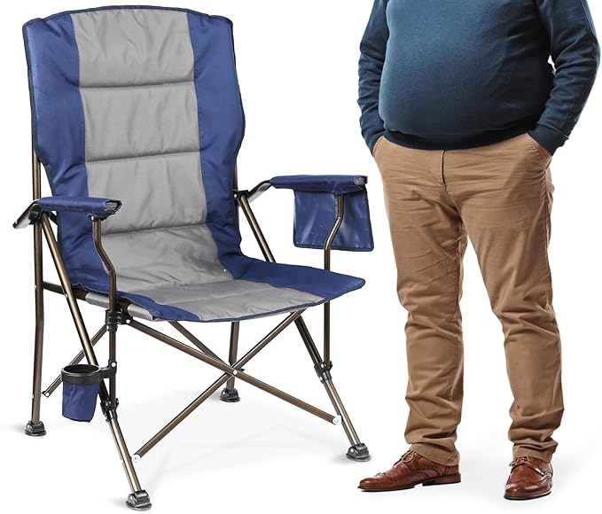 Large High Back Camping Chair for Adults - Oversized Comfortable for Tall People - Heavy Duty 450lbs Capacity K-Frame Padded Seat &amp Armrests for Sitting Fishing Lawn Outside Cup Holder (Blue)