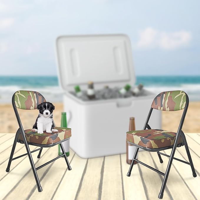 Mini Padded Folding Chairs Garage Stool Portable Camping Chair with Cushion Lightweight Lawn Chair for Outdoor Sports Events Patio Fishing Hiking Hunting Picnic Beach (Camo Green)