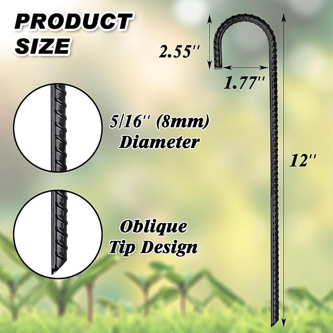 FEED GARDEN 12 Inch 24 Pack Rebar Stakes Heavy Duty J Hook Galvanized Ground Stakes Tent Stakes Stakes for Outdoor Decorations Inflatables Canopy Swing Set Chain Link Fence Stakes