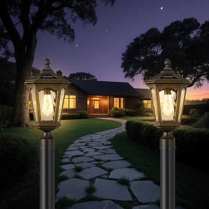 LED Post Solar Light Outdoor Dusk to Dawn Waterproof Pole Lighting with Remote Control Exterior Pillar Lantern 3 Lighting Modes Outside Solar Lamp for Patio Porch Garage Garden Pathway