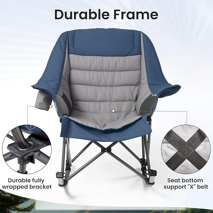 Oversized Rocking Camping Chair for Adults 400LBS Capacity Foldable Outdoor Rocker with Padded Seat Cup Holder Portable Camp Chair for Camping Backyard Patio BeachBlue 2 PCS