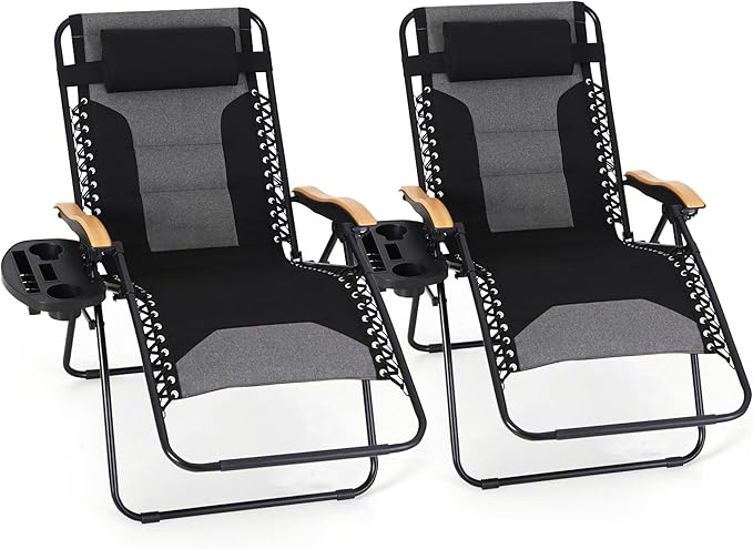 MFSTUDIO Zero Gravity Chairs Set of 2 XL Oversized Outdoor Anti Gravity Chair Patio Lounge Folding Adjustable Chair with Cup Holder &amp Padded Headrest Support 400lbsBlack