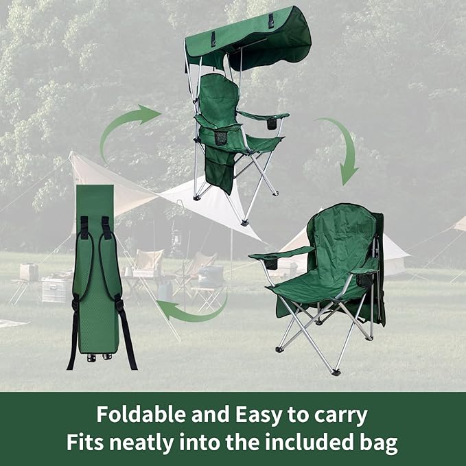 Portable Camping Chair with Canopy Shade - Folding Lounge Chair with Cup Holder &amp Side Pocket for Outdoor Camping Fishing Beach - Support 330 LBS - Green - 2 Pack